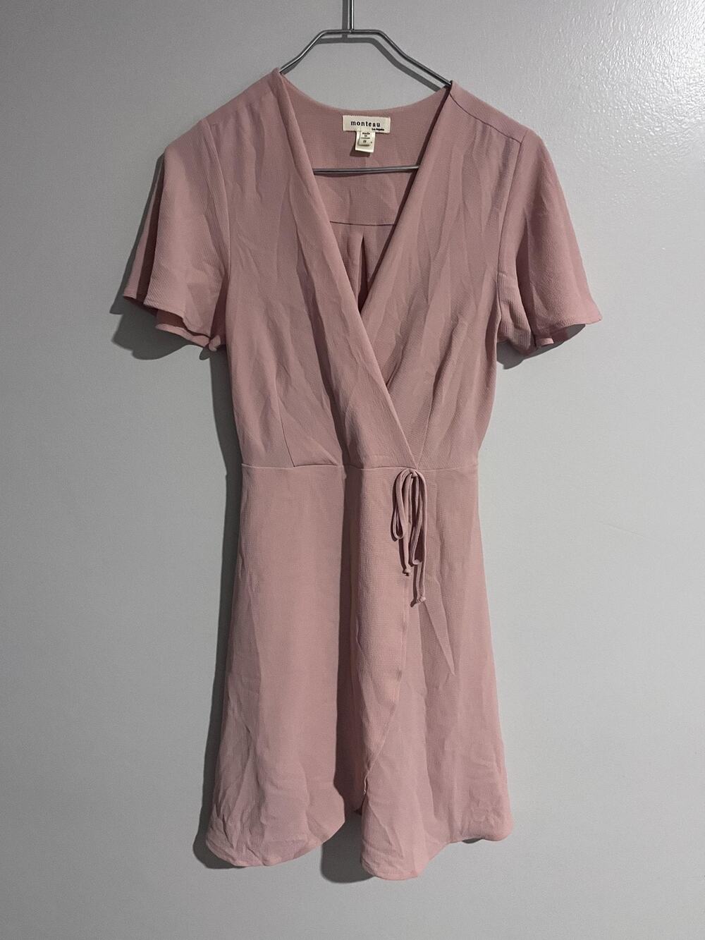 Monteau Dress Womens S Pink Wrap Short V-Neck Flutter Sleeve Tie Belted